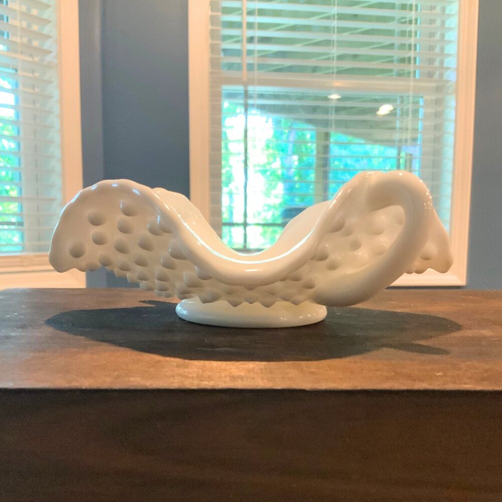 Vintage Fenton Milk Glass Hobnail Bon Bon Dish w/ Handles, 7” Wide, Excellent Co